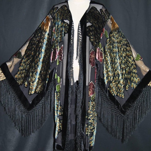 Black guilded cage fringe boho robe duster velvet - Picture 6 of 7